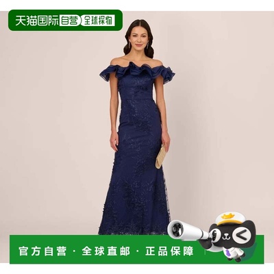 自营Adrianna Papell Maxi Dress Women's Navy Ruffle Off The S