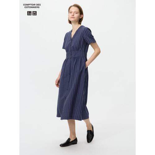 日潮跑腿UNIQLO优衣库 亚麻混纺V领连衣裙 485750