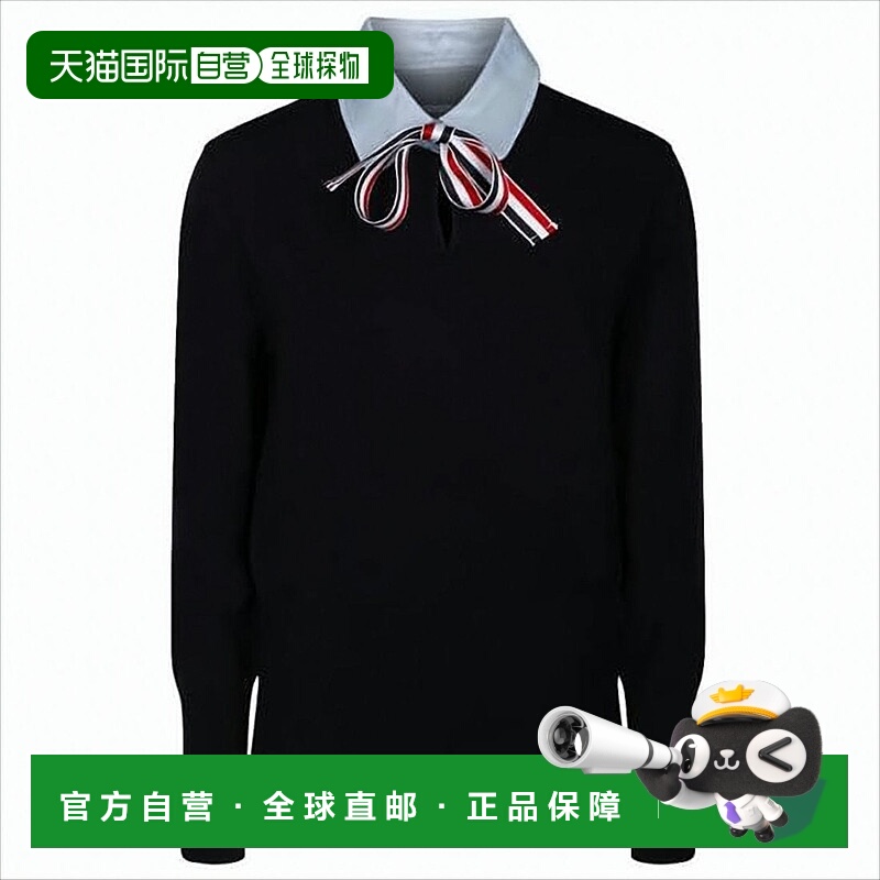 自营thom browneBlack Wool Sweater With Striped Ribbon Bow De