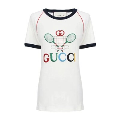 Gucci 陈都灵同款 网球印花罗纹T恤 574386XJA8Y