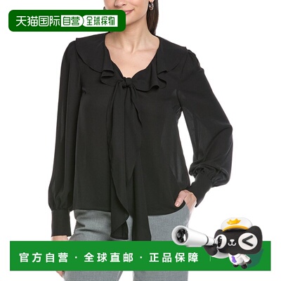 自营CeCe Ruffle Tie V-Neck Top - black 美国奥莱直发上衣