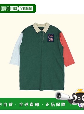 1h可退 日本直邮P:chees 儿童 袖拼色 胸前徽章 牛津领连衣裙 18-