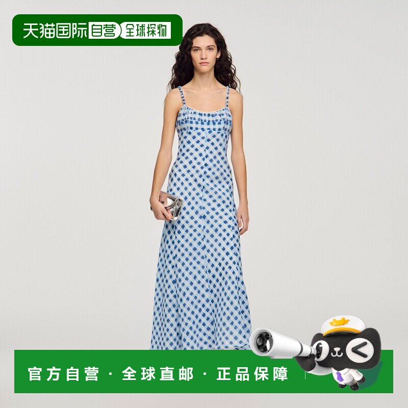 自营欧洲直邮Sandro桑德罗 女士蓝色/白色亚麻格纹长款连衣裙吊带图片