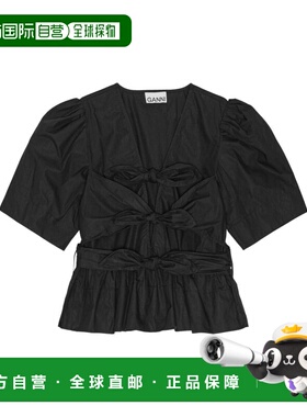 香港直邮GANNI 女士衬衫 W0378099 SS2025 黑色泡泡袖