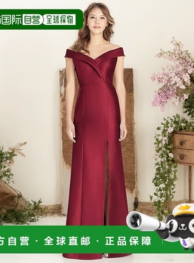 自营alfred sung露肩袖口喇叭形礼服，前开衩 - 酒红色 美国奥莱