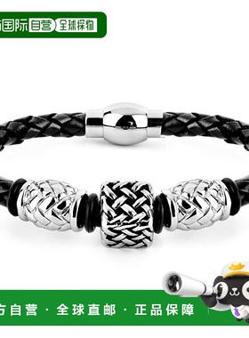 自营 Crucible Los Angeles 不锈钢方形串珠黑色编织皮革手链（12