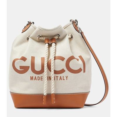 潮奢 Gucci 古驰 女士 Logo leather-trimmed canvas bucket ba