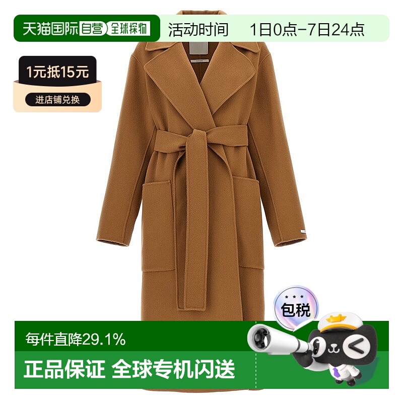 【自营】欧洲直邮MAX MARA Sportmax女士棕色羊毛腰带翻领大衣