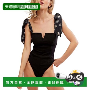 自营Women's Free People Lola Bodysuit Black Tie Shoulder Squ