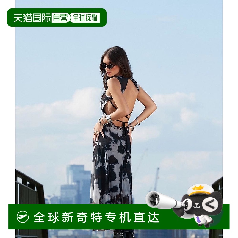 香港直邮潮奢 ASOS 女士 设计外露缝线网纱露背印花中长连衣裙(co