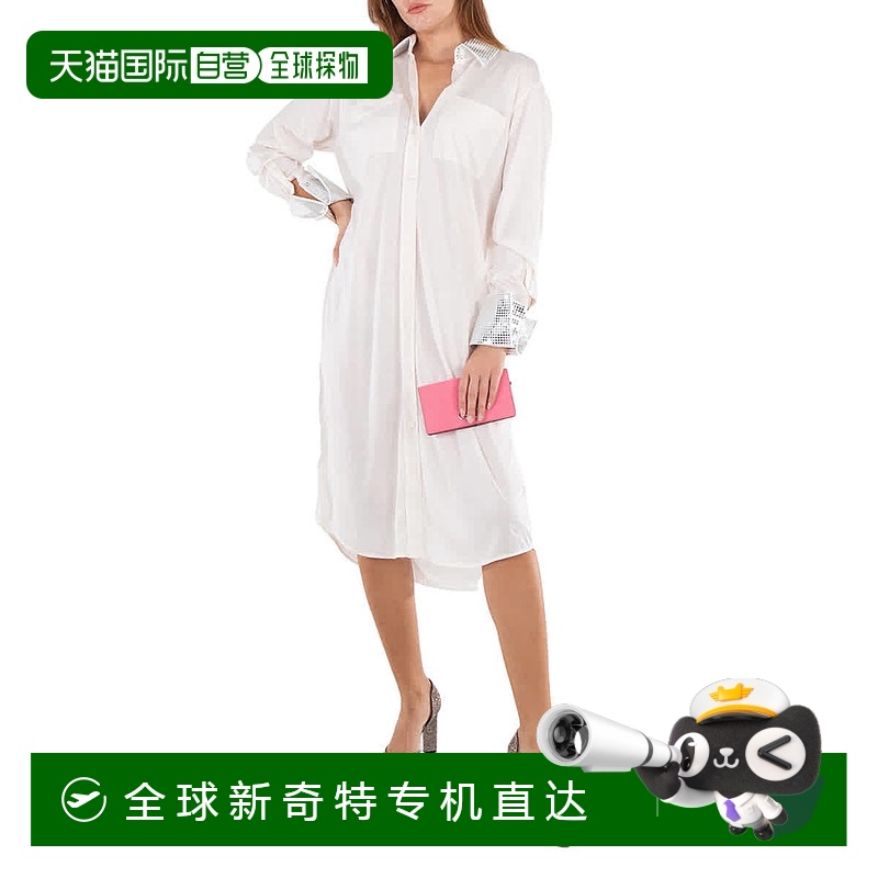 自营 Burberry女士光学白色镜面棉质镶边丝绸针织大衬衫连衣裙-光