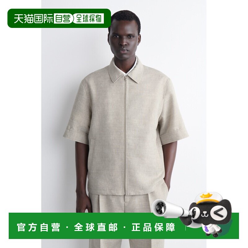 自营欧洲直邮COS 男士灰色亚麻羊毛混纺拉链短袖衬衫图片