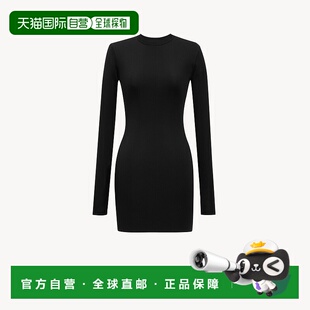 自营欧洲直邮YSL圣罗兰 女士黑色粘胶纤维圆领长袖连衣裙短款