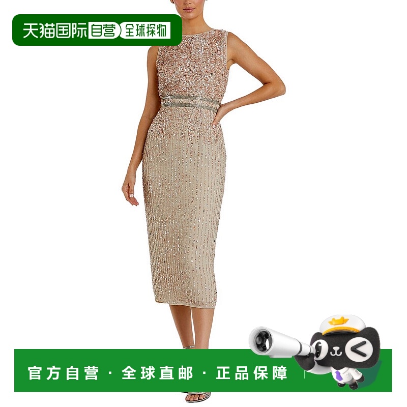 自营Mac Duggal无袖高领串珠Midi紧身连衣裙-米色 美国奥莱直发