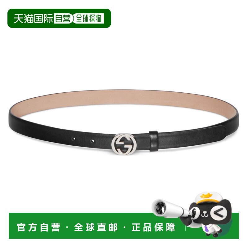 自营欧洲直邮GUCCI古驰 女士黑色皮革互扣GG细节细腰带