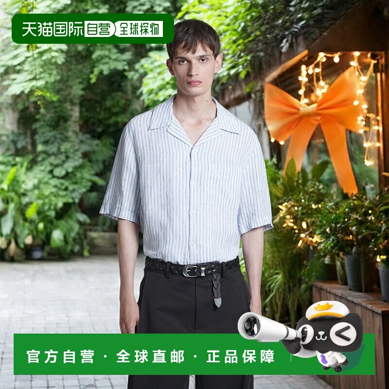 自营欧洲直邮COS 男士复古风古巴领衬衫短袖男装条纹亚麻