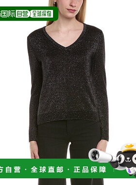 自营sofiacashmere Lurex V领羊毛和羊绒混纺毛衣-黑色 美国奥莱