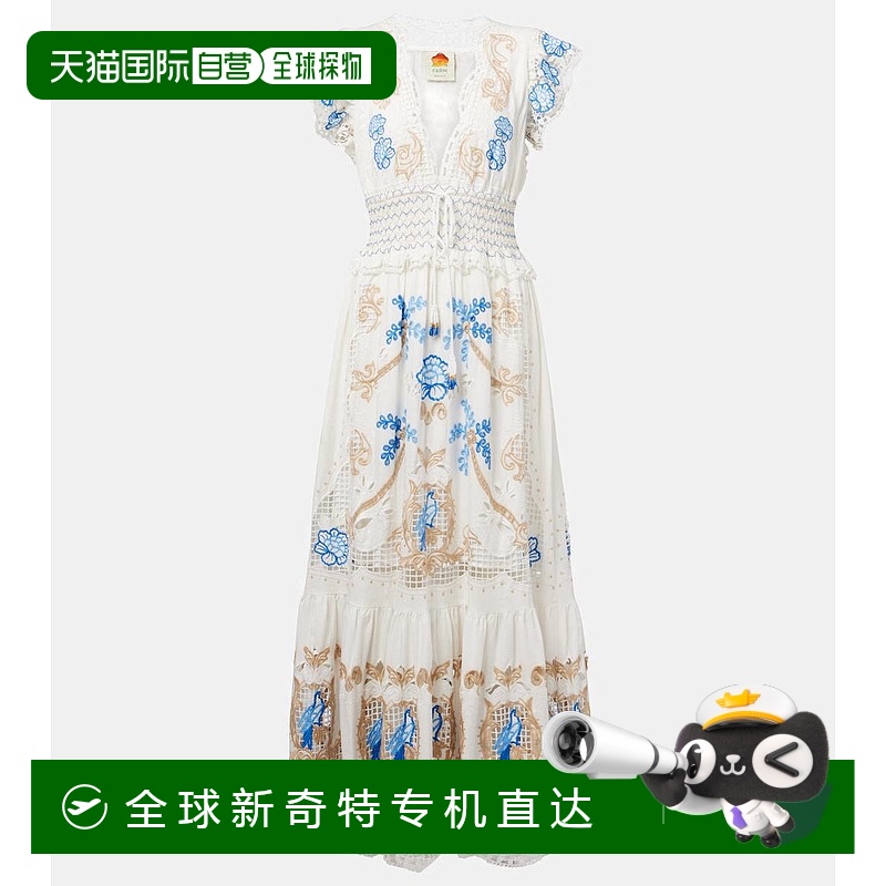 1h可退 香港直邮潮奢 FARM RIO 女士 刺绣亚麻混纺长款连衣裙