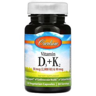 香港直邮Carlson,维生素 D3 + K2,50 微克(2,000 国际单位)和