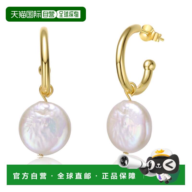 自营genevive纯银 14k 黄金镀白硬币珍珠吊坠侯爵夫人圆形耳环 -