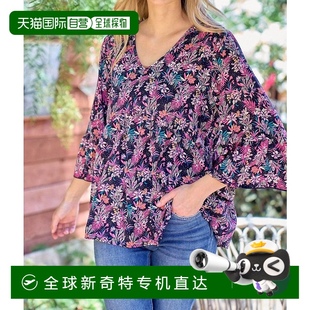 上衣 自营 co深蓝色和紫红色花朵娃娃钟形袖 深蓝色和红 hailey