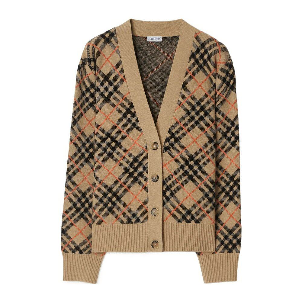 BURBERRY 女士针织毛衣 80986731 CO 棕色 格纹羊绒针织开衫