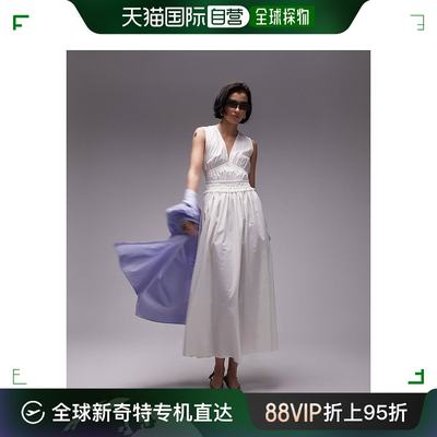 香港直邮潮奢 Topshop 女士 chanelled V领府绸米白色中长连衣裙