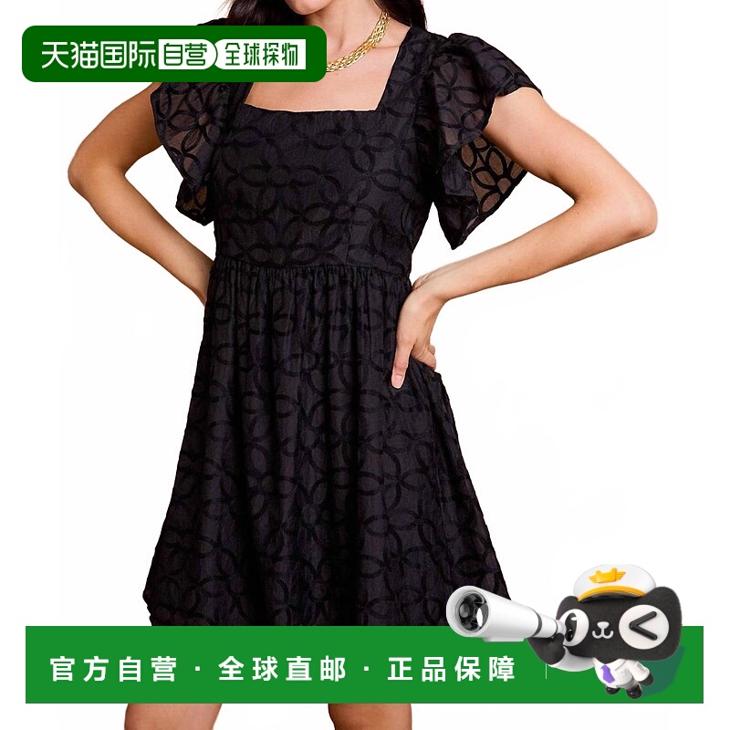 自营gilliKelsey Floral Embroidered Empire Waist Dress In Bla