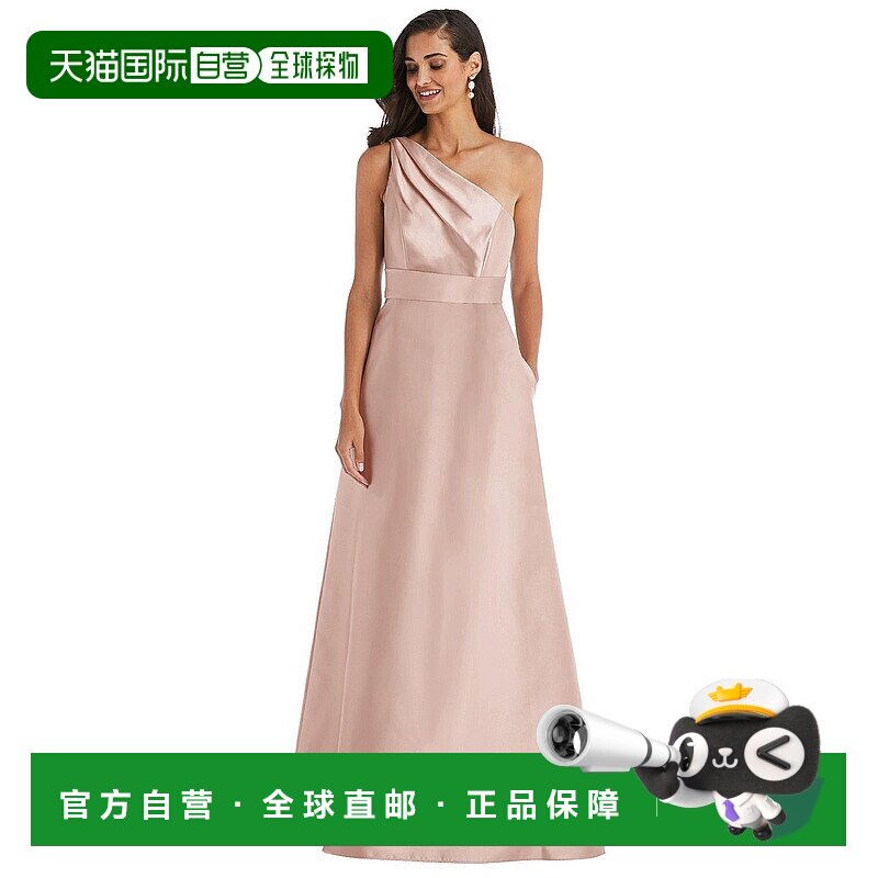 自营alfred sung褶皱单肩缎面长款连衣裙，带口袋 - 烤糖色 【美图片