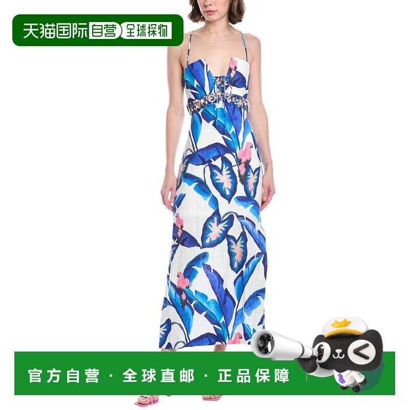 自营FARM Rio蓝色叶子亚麻长裙-红色 美国奥莱直发连衣裙吊带