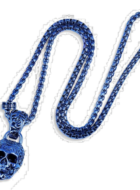 自营 crucible坩埚洛杉矶蓝色不锈钢 35 毫米骷髅项链配 28 英寸