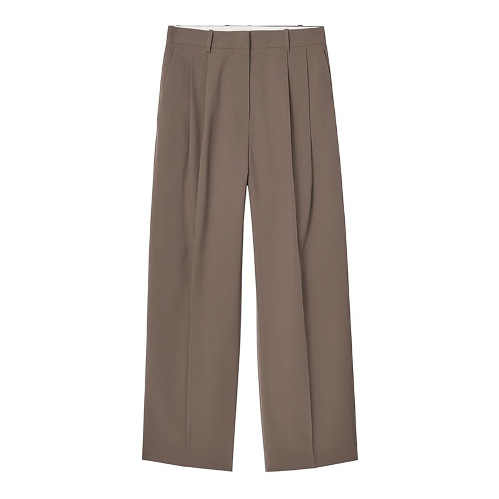 COS 24新款 女士棕色色羊毛混纺对称斜口袋斜纹阔腿休闲裤