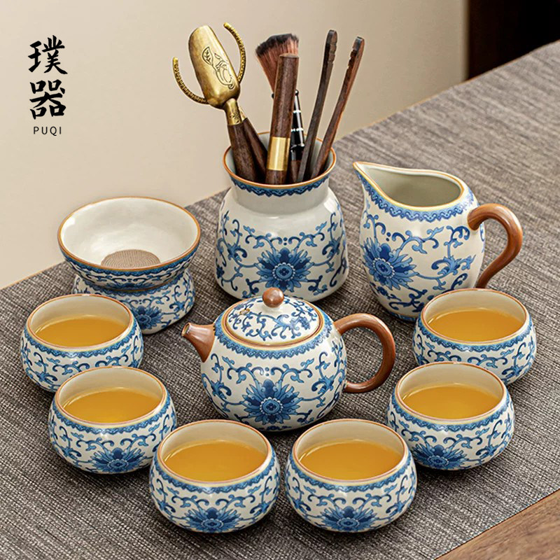 青花汝窑茶具套组家用办公室轻奢高档一整套功夫泡茶壶茶杯干泡盘