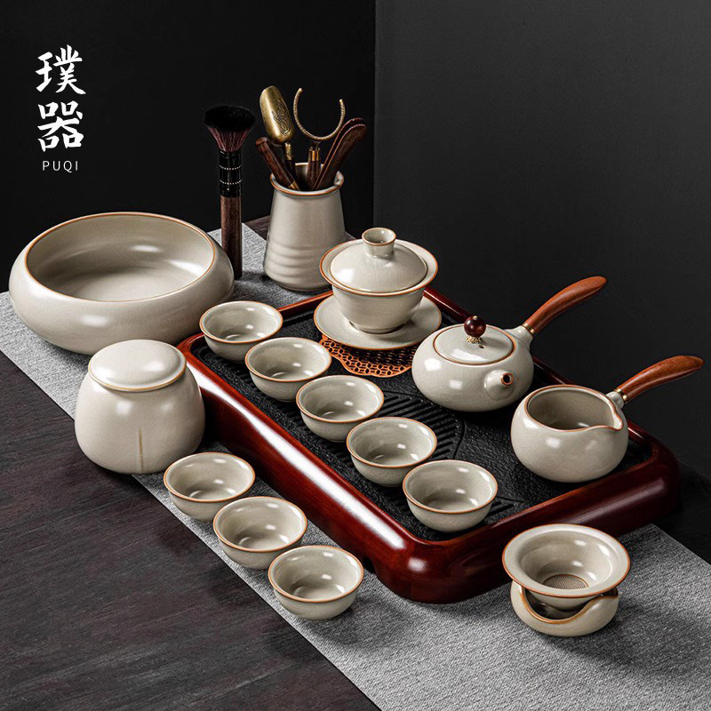 汝窑侧把壶功夫茶具套组新款家用盖碗茶杯陶瓷轻奢高档中式办公室