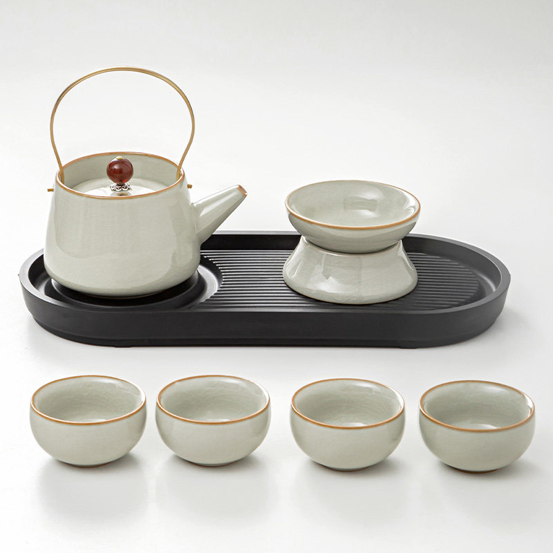 米黄汝窑提梁壶茶具套装女生专用阳台宿舍茶壶茶杯小型功夫泡茶台