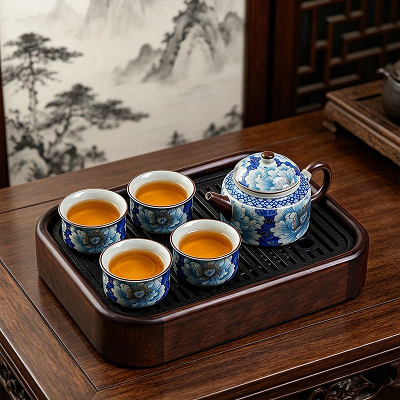 青花汝窑功夫茶具陶瓷泡茶壶茶杯2026新款家用办公室一人饮小套装
