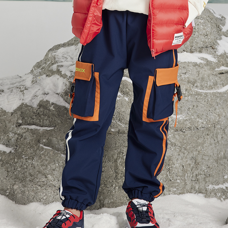 冬季梭织加绒工装拼色保暖长裤