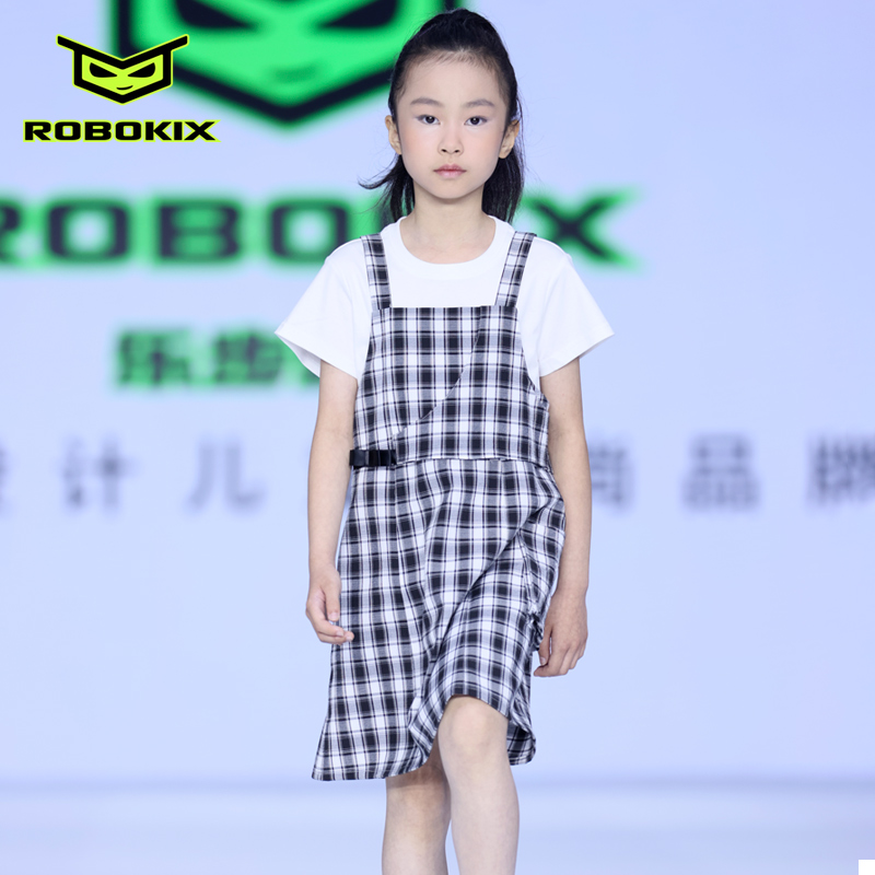 ROBOKIX夏季新款女童连衣裙无袖背带裙子黑白格童裙时尚洋气