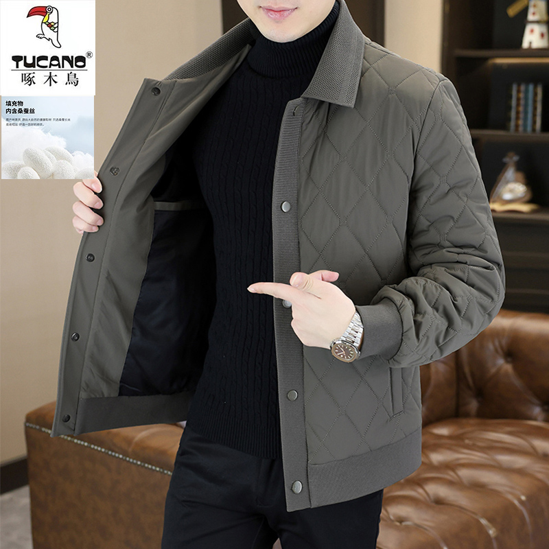 冬季新款翻领棉衣男士轻薄休闲桑蚕丝保暖夹克冬装格子棉服外套潮