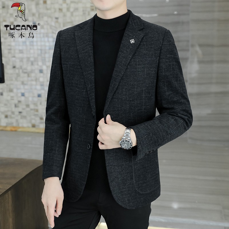 啄木鸟秋冬季加棉西装男商务休闲爸爸装外套高档大码毛呢西服上衣