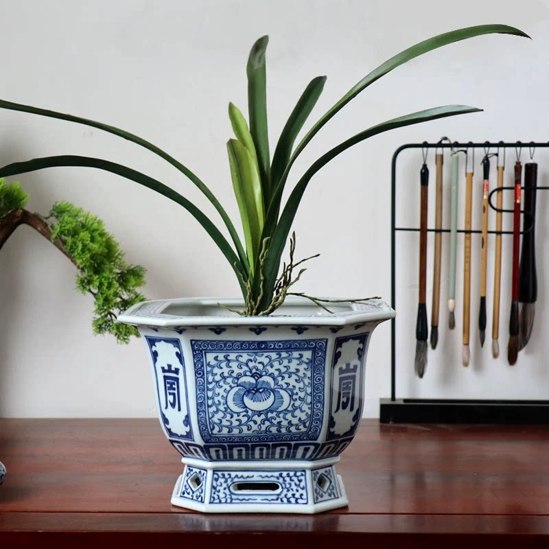 手绘高档景德镇陶瓷花盆青花瓷兰花陶瓷花盆仿古中式家居摆件喜字