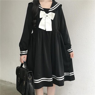 学院风长袖连衣裙女学生韩版宽松中长款日系小清新海军领娃娃裙子