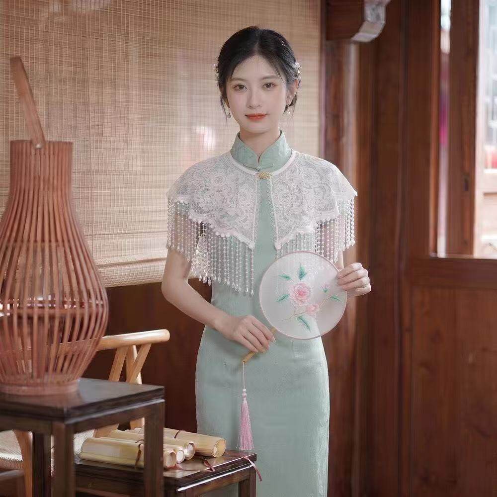 中式百搭重工中国旗袍流苏云肩蕾丝披肩汉服古风复古改良珍珠吊坠