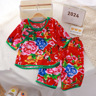 夏季新款东北大花女童家居服棉绸薄款喜庆中国风套装七分袖睡衣