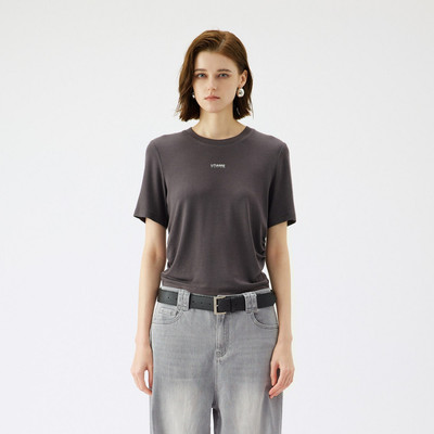 uti尤缇2025夏季新款 深灰色抽褶设计短袖T恤女上衣UL2D0192183