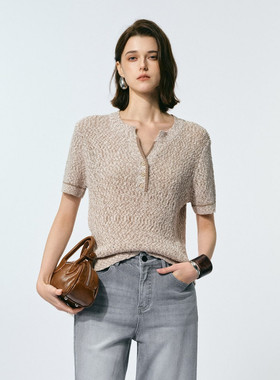 uti尤缇2025春季新款米咖色慵懒混织短毛衫女套头毛衫UL1D1196170