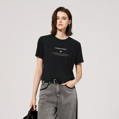 uti尤缇2025夏季新款 闪粉印花正肩短袖T恤女休闲上衣UL2D0192290