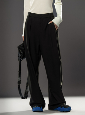 uti尤缇2024冬季新款 黑色撞色织带阔腿裤女休闲长裤UJ410202490