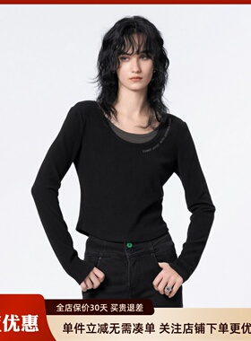 uti尤缇2024冬季新款 黑色肌理感假两件T恤女短款上衣UJ412570690