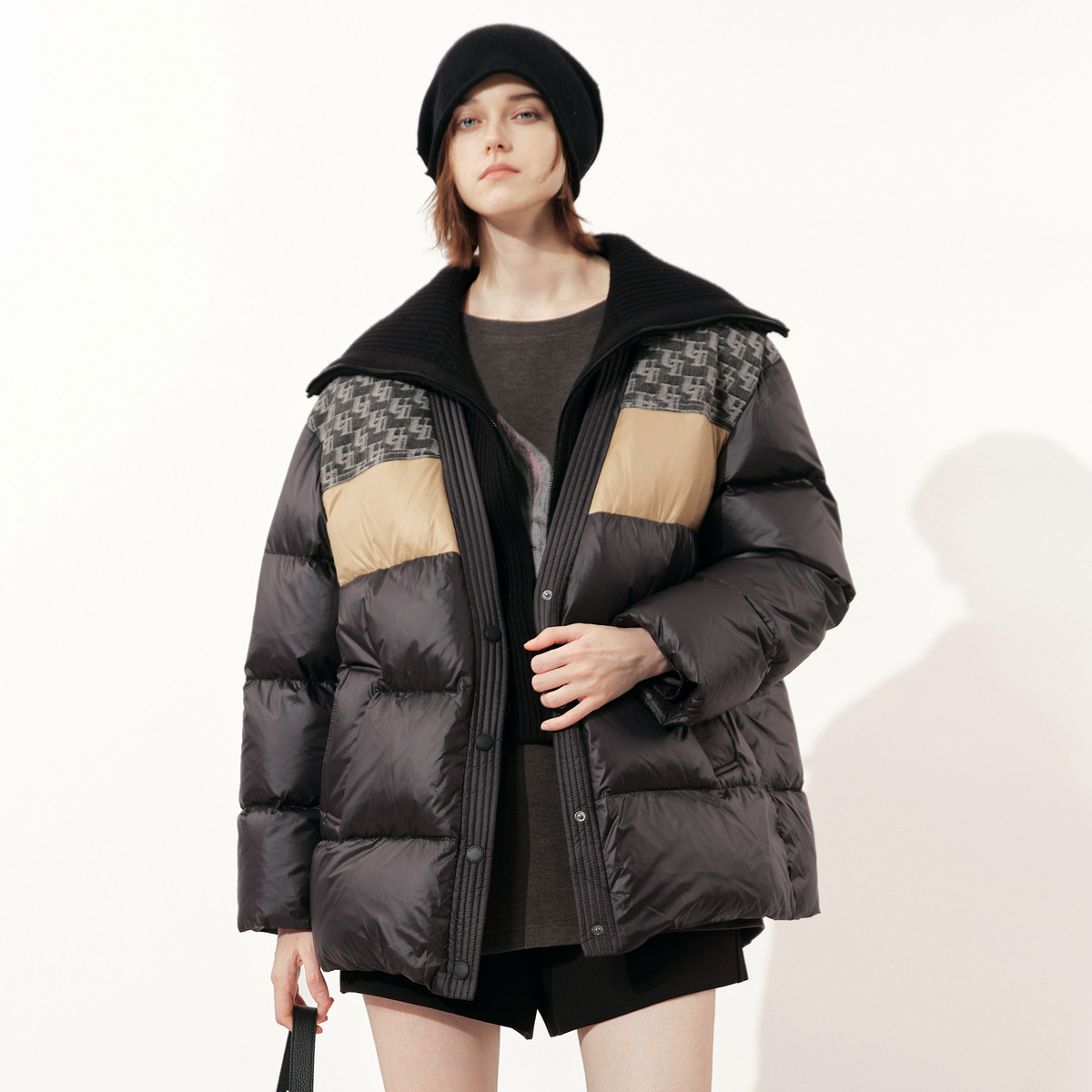 uti撞色拼接中长羽绒服女